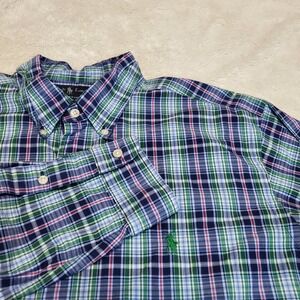 Ralph Lauren Blue Label Blue Green Plaid Dress Shirt Men XL Office Work Classic